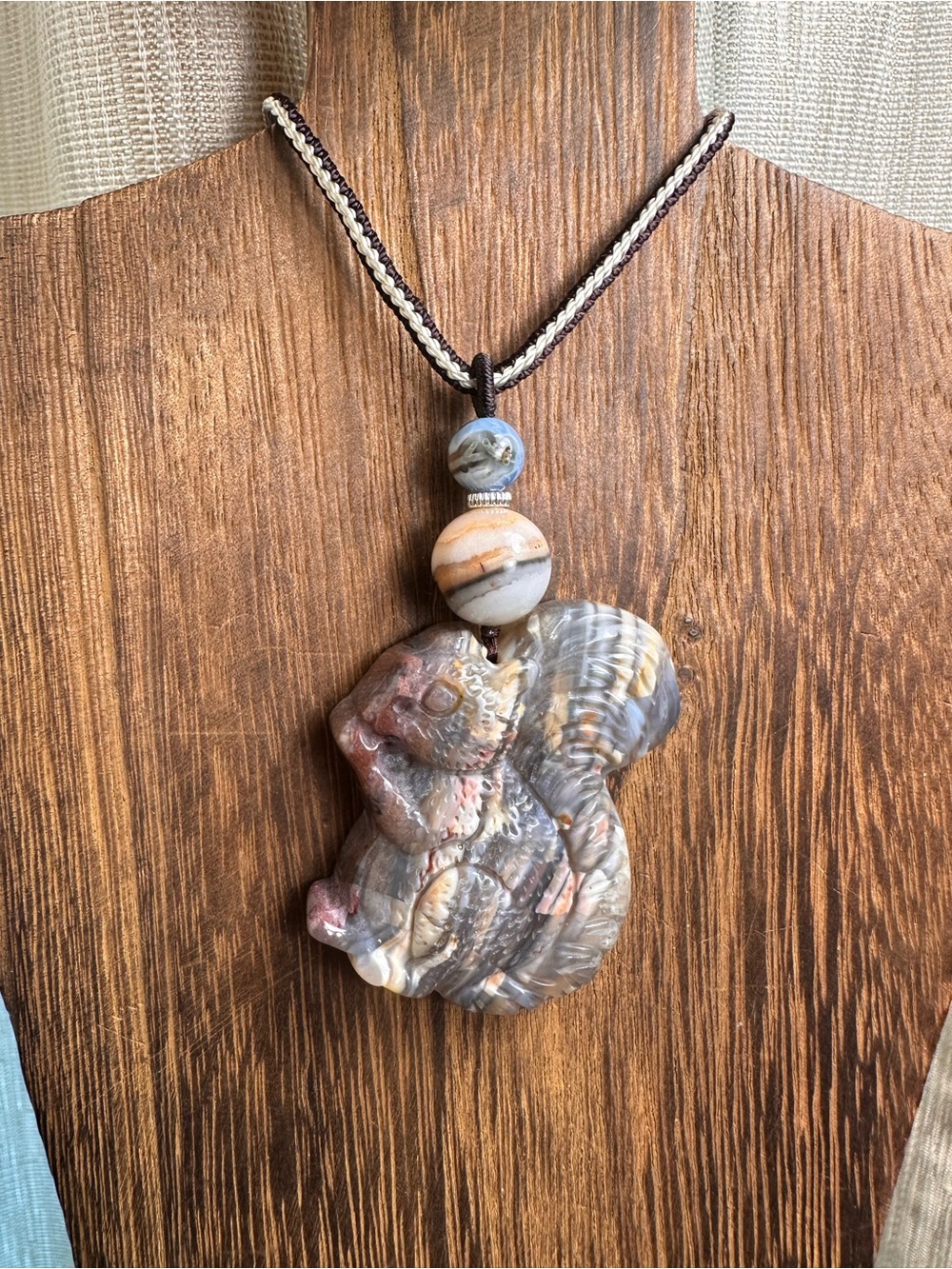 Alashan Agate Squirrel Carving Pendant Necklace with Opal on Brown Rope
